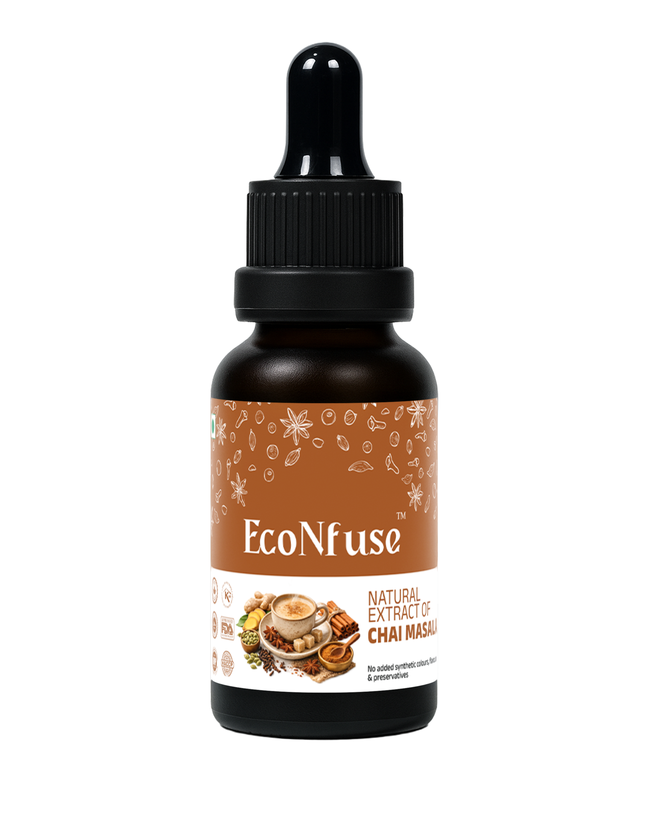 EcoNfuse Chai Masala liquid spice extract, 5 ml dropper bottle for masala chai, made in Kerala