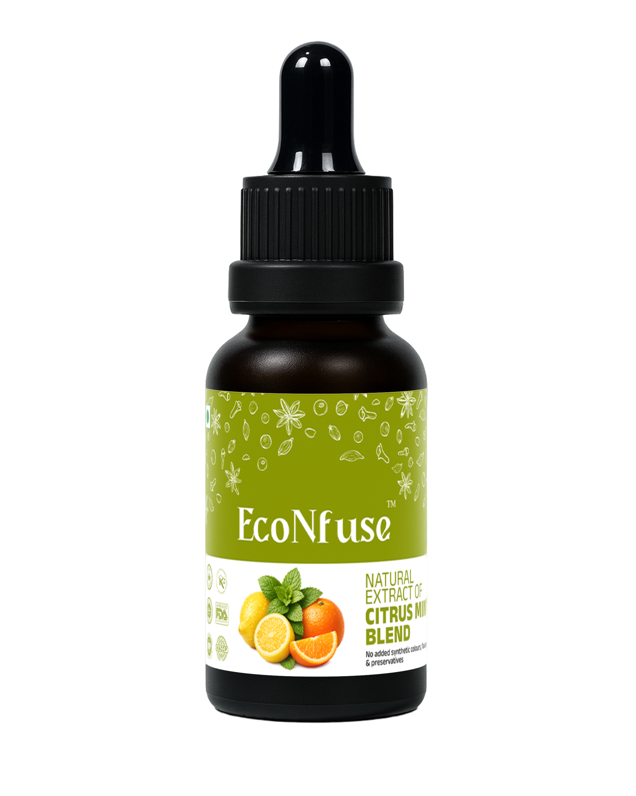 EcoNfuse Citrus Mint Blend liquid spice extract, 5 ml dropper bottle for coolers and mocktails, made in Kerala