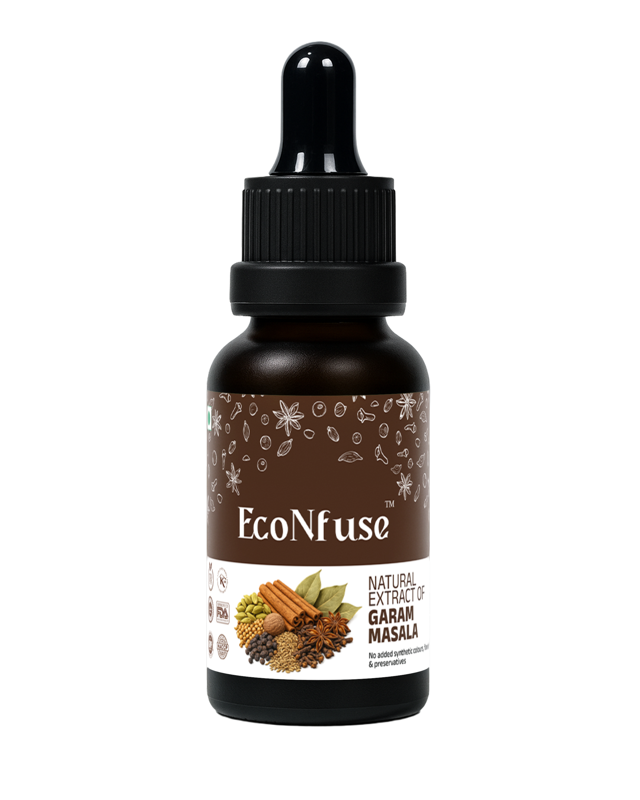 EcoNfuse Garam Masala liquid spice extract, 15 ml dropper bottle for curries, dals and sabzis, made in Kerala