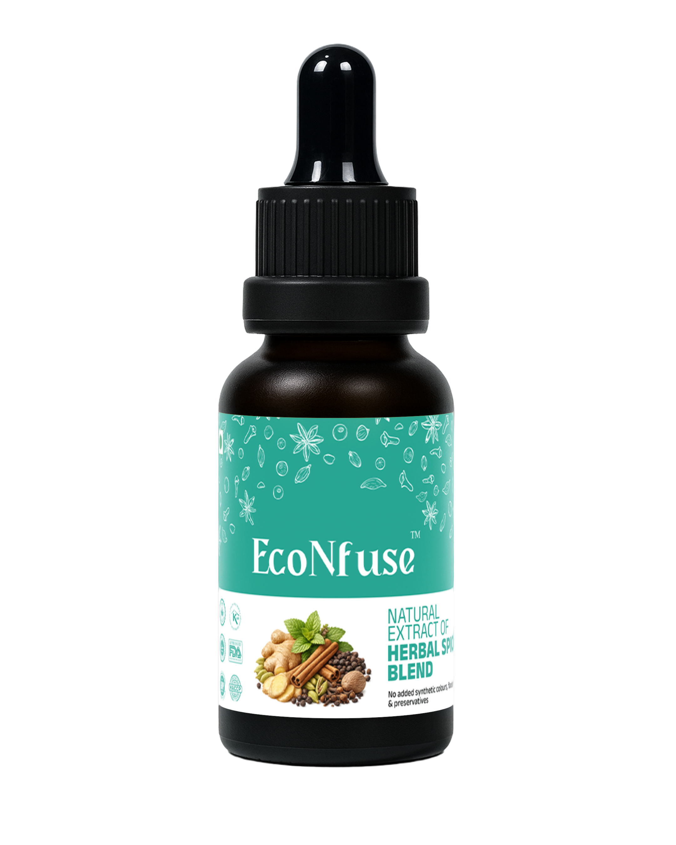 EcoNfuse Herbal Spice Blend liquid spice extract, 5 ml dropper bottle for herbal tea and warm drinks, made in Kerala
