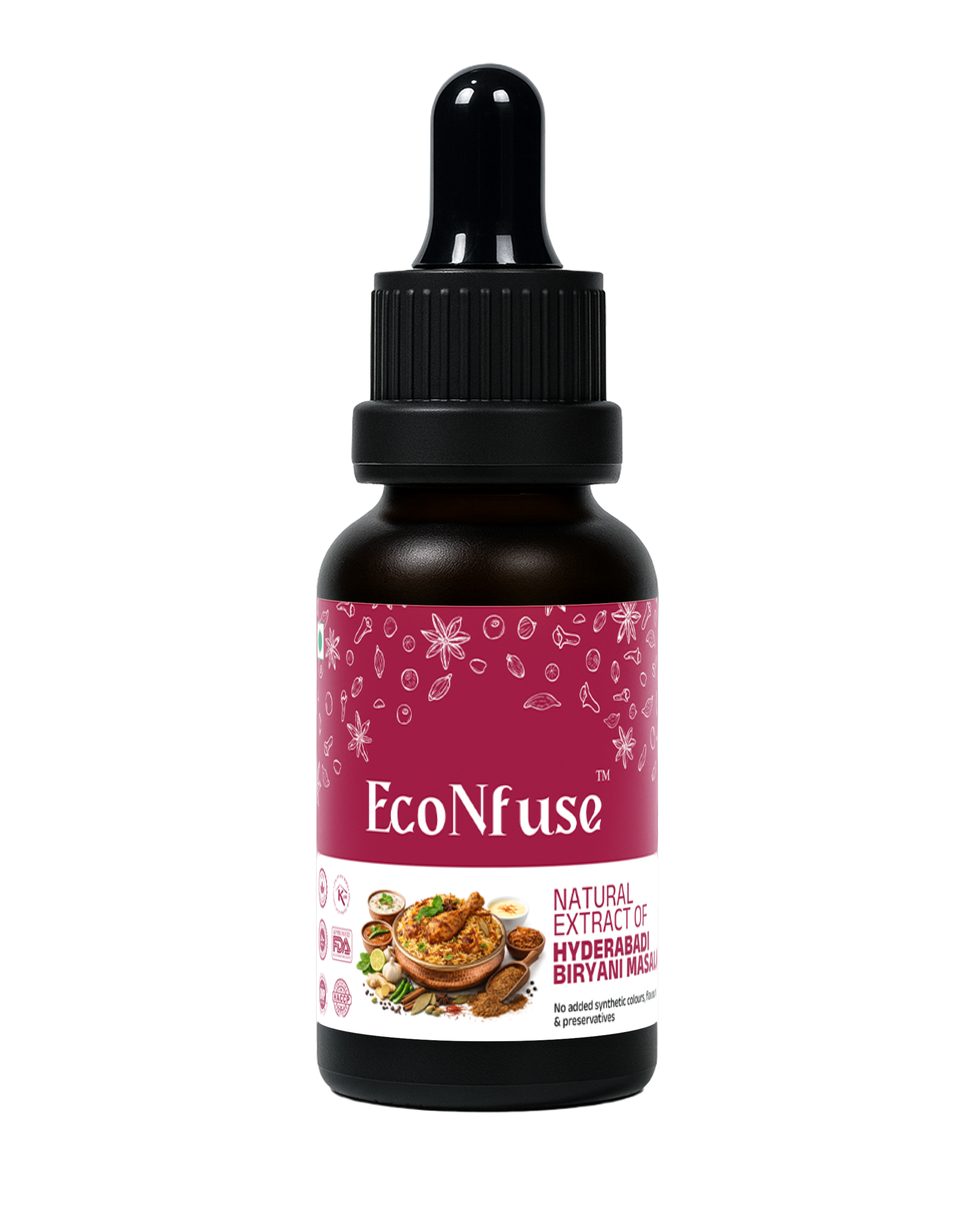 EcoNfuse Hyderabadi Biriyani Masala liquid spice extract, 15 ml dropper bottle for Hyderabadi dum biryani, made in Kerala