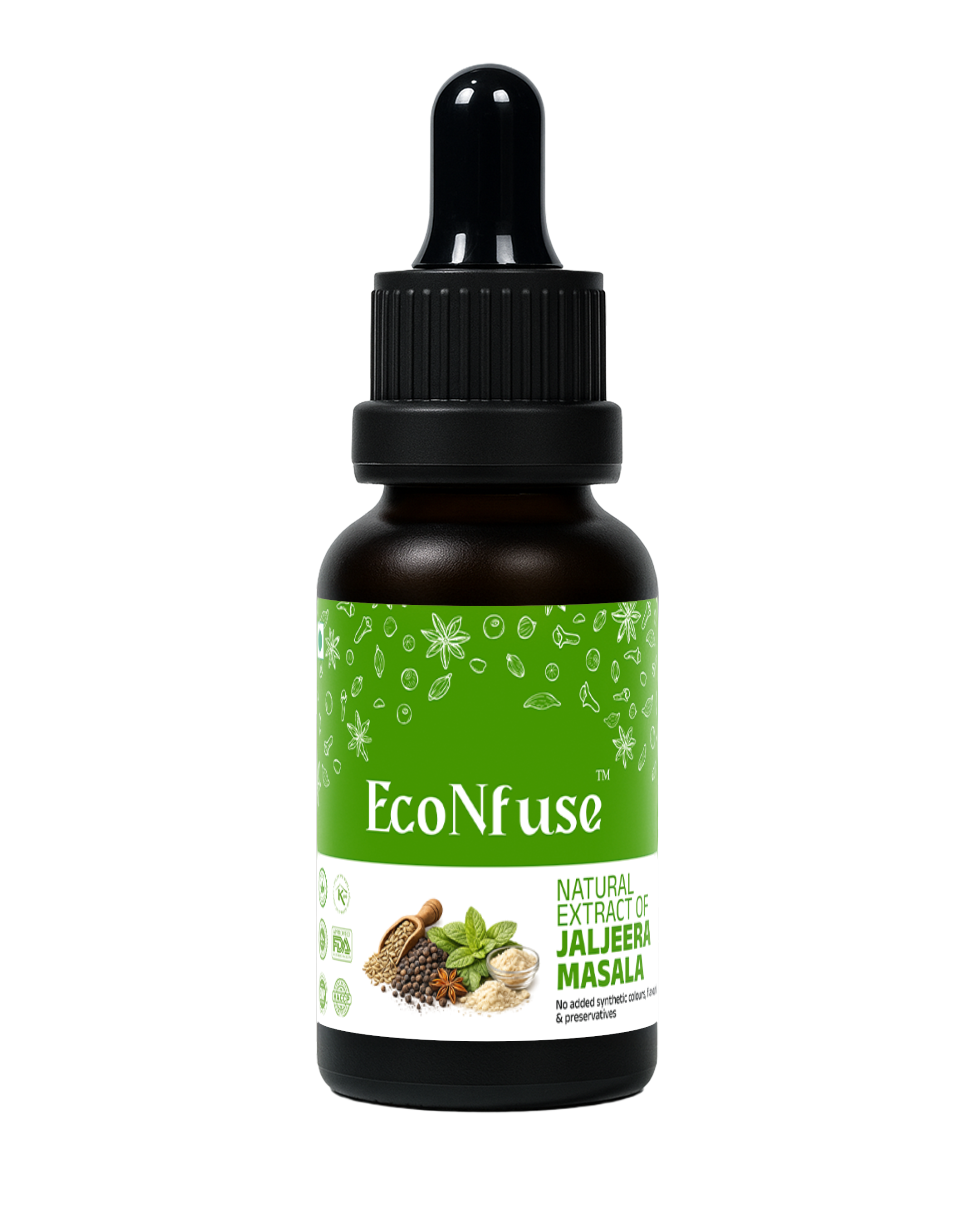 EcoNfuse Jaljeera Masala liquid spice extract, 5 ml dropper bottle for jal jeera summer coolers, made in Kerala