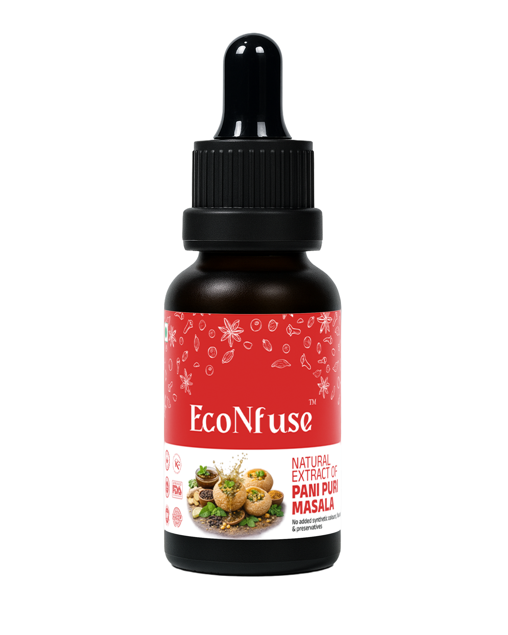 EcoNfuse Pani Puri Masala liquid spice extract, 5 ml dropper bottle for golgappa water and chaat, made in Kerala