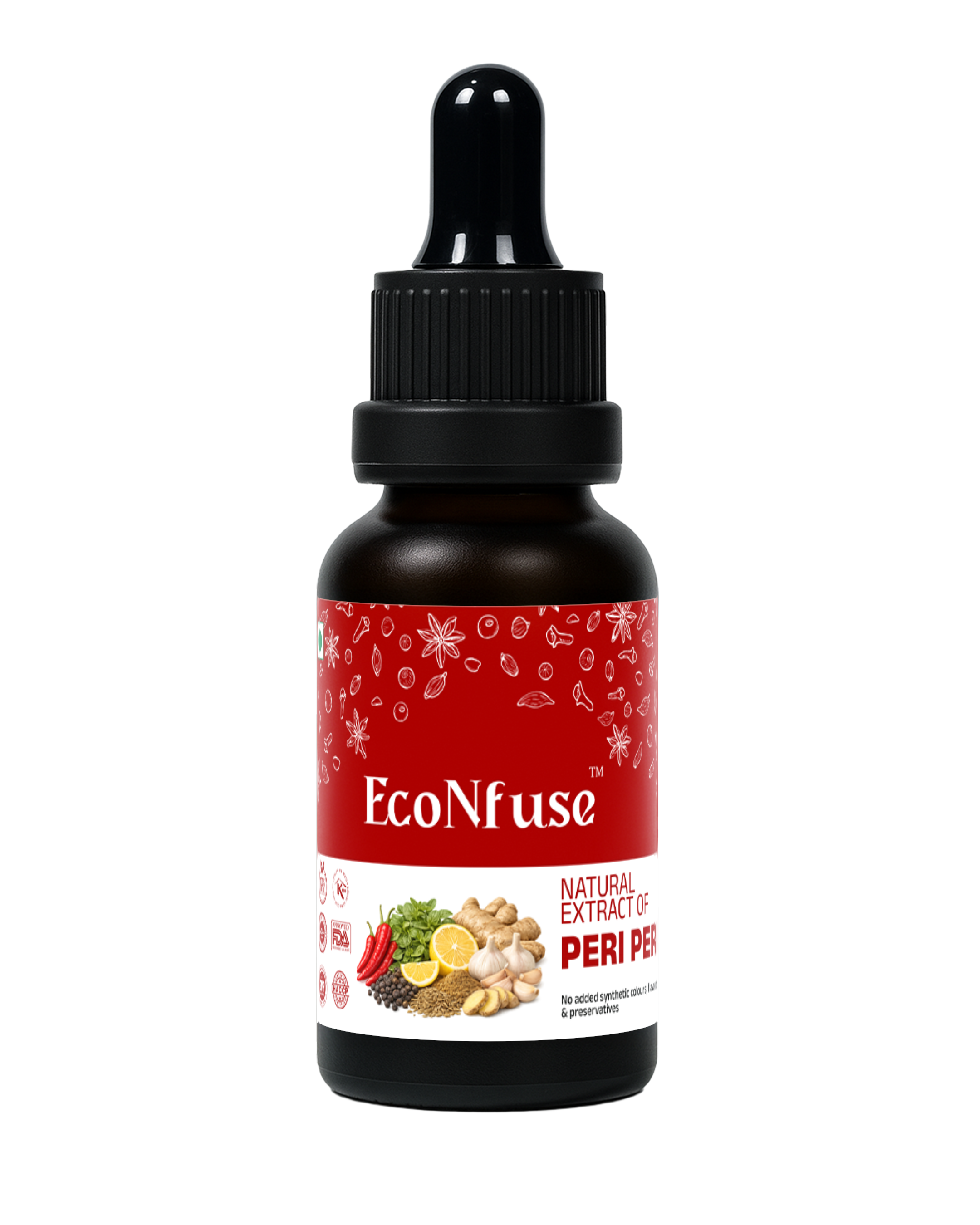 EcoNfuse Peri Peri liquid spice extract, 15 ml dropper bottle for fries, popcorn and grills, made in Kerala