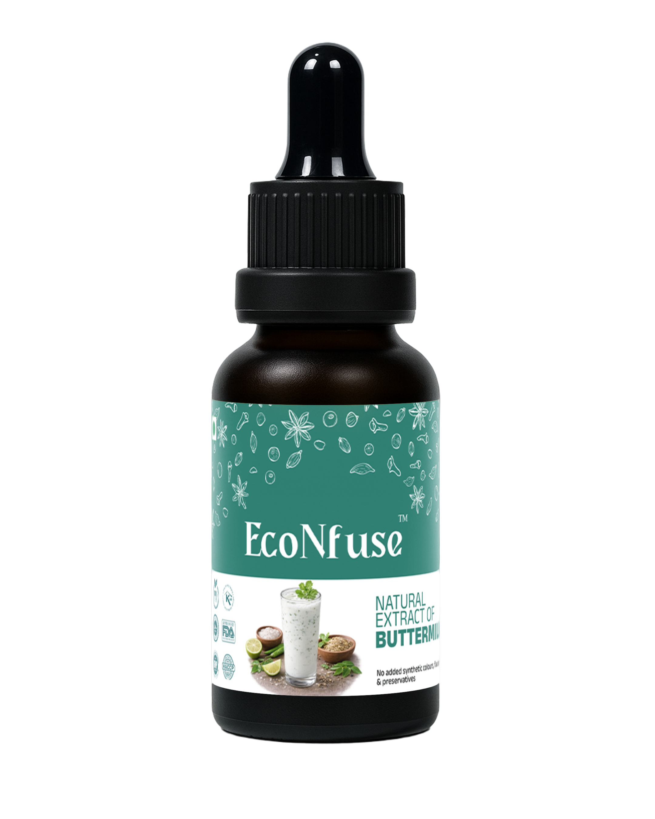 EcoNfuse Buttermilk Masala (Chaas Masala) liquid spice extract, 5 ml dropper bottle for spiced buttermilk and chaas, made in Kerala
