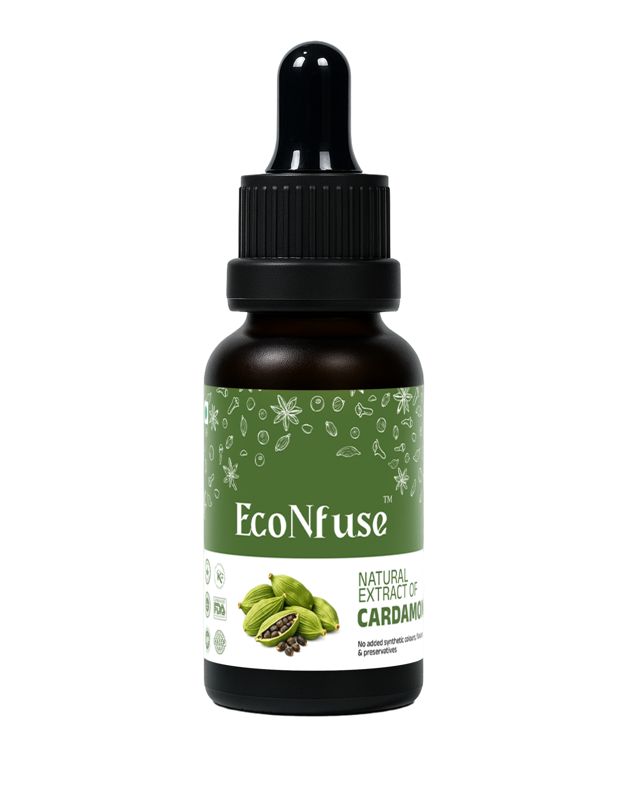 EcoNfuse Cardamom (Elaichi) liquid spice extract, 5 ml dropper bottle for chai, coffee and desserts, made in Kerala