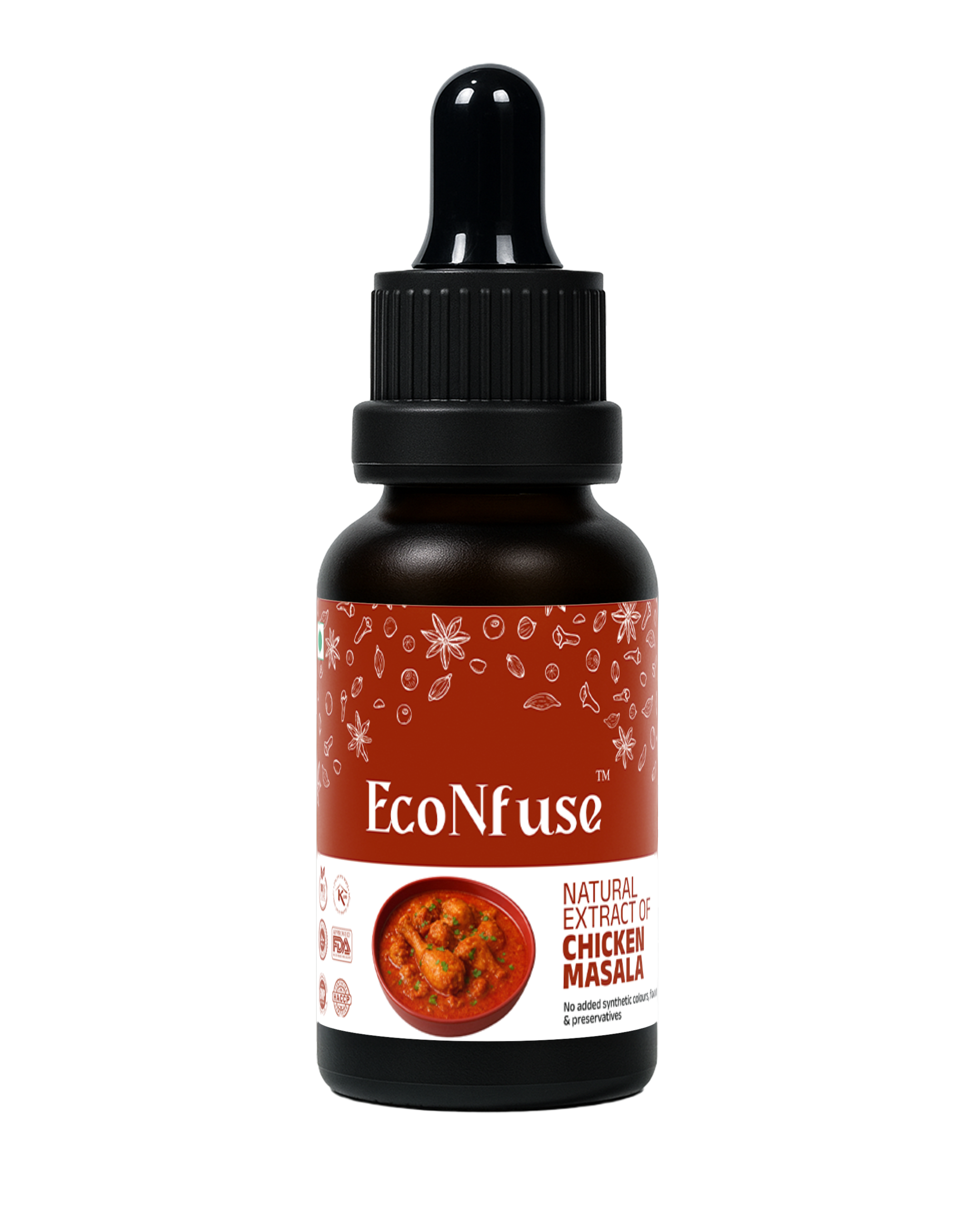 EcoNfuse Chicken Masala liquid spice extract, 15 ml dropper bottle for chicken curry and marinades, made in Kerala