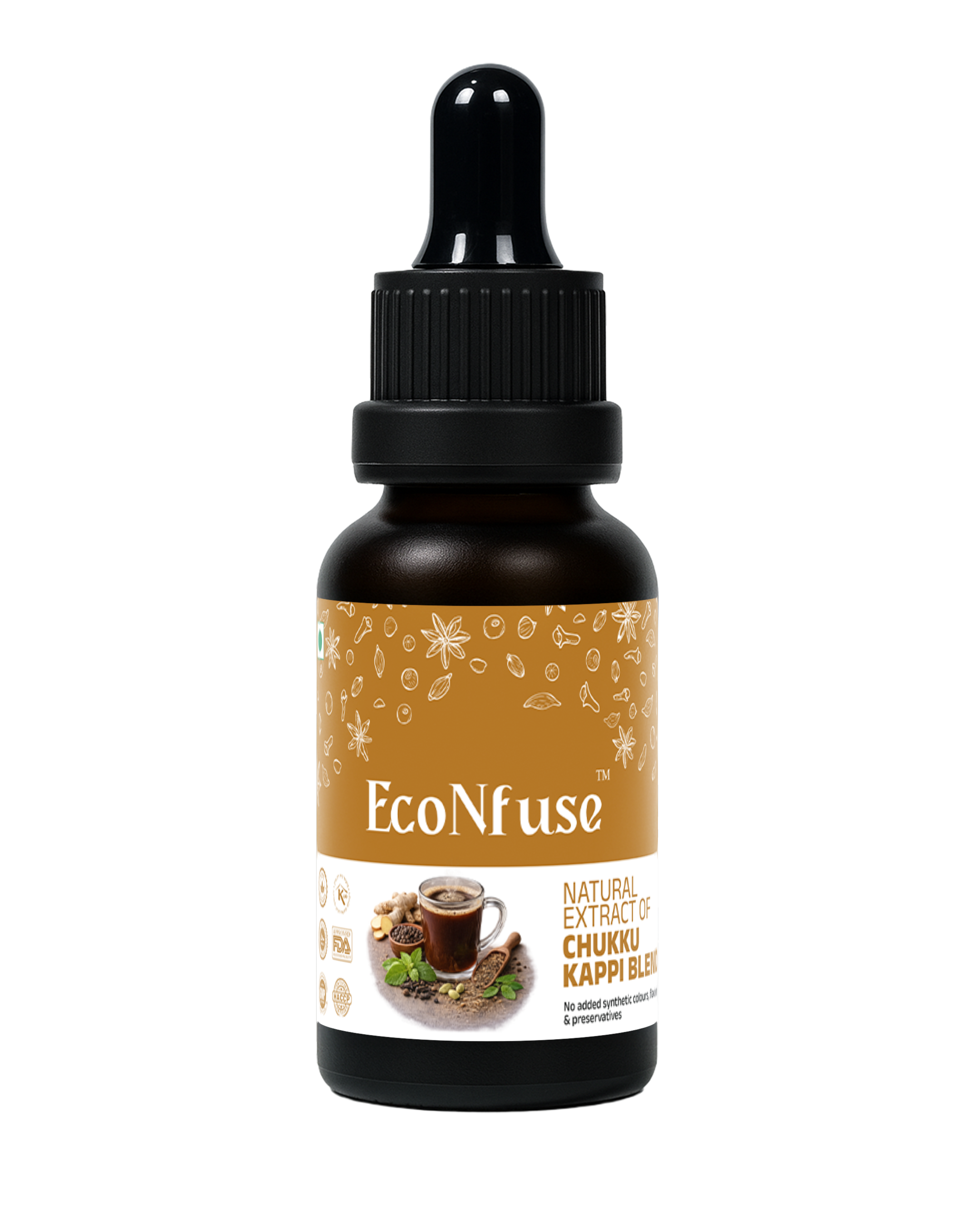 EcoNfuse Chukku Kappi Blend liquid spice extract, 5 ml dropper bottle for Kerala dry ginger coffee, made in Kerala