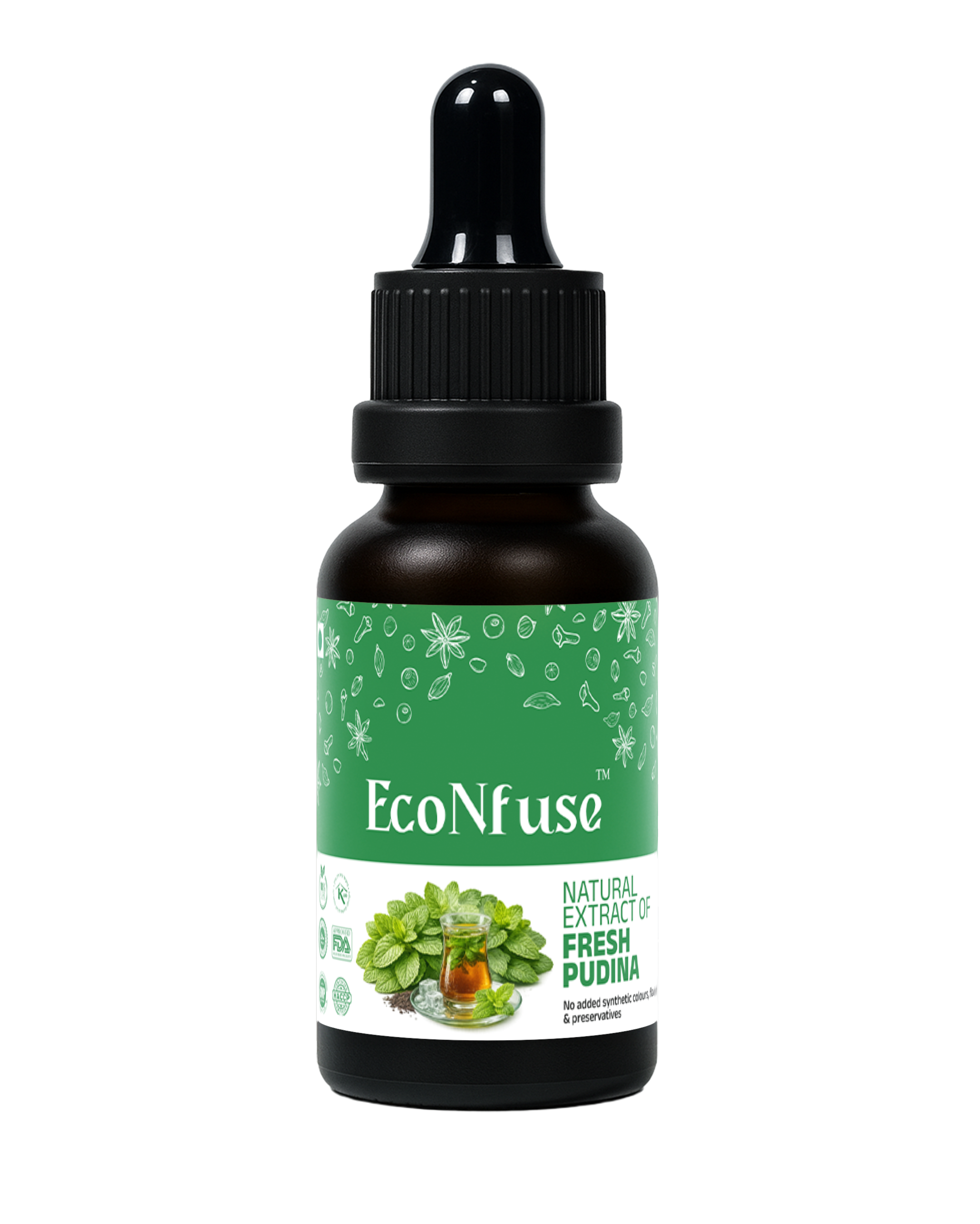 EcoNfuse Fresh Pudina (Mint) liquid spice extract, 5 ml dropper bottle for coolers, raita and chutney, made in Kerala