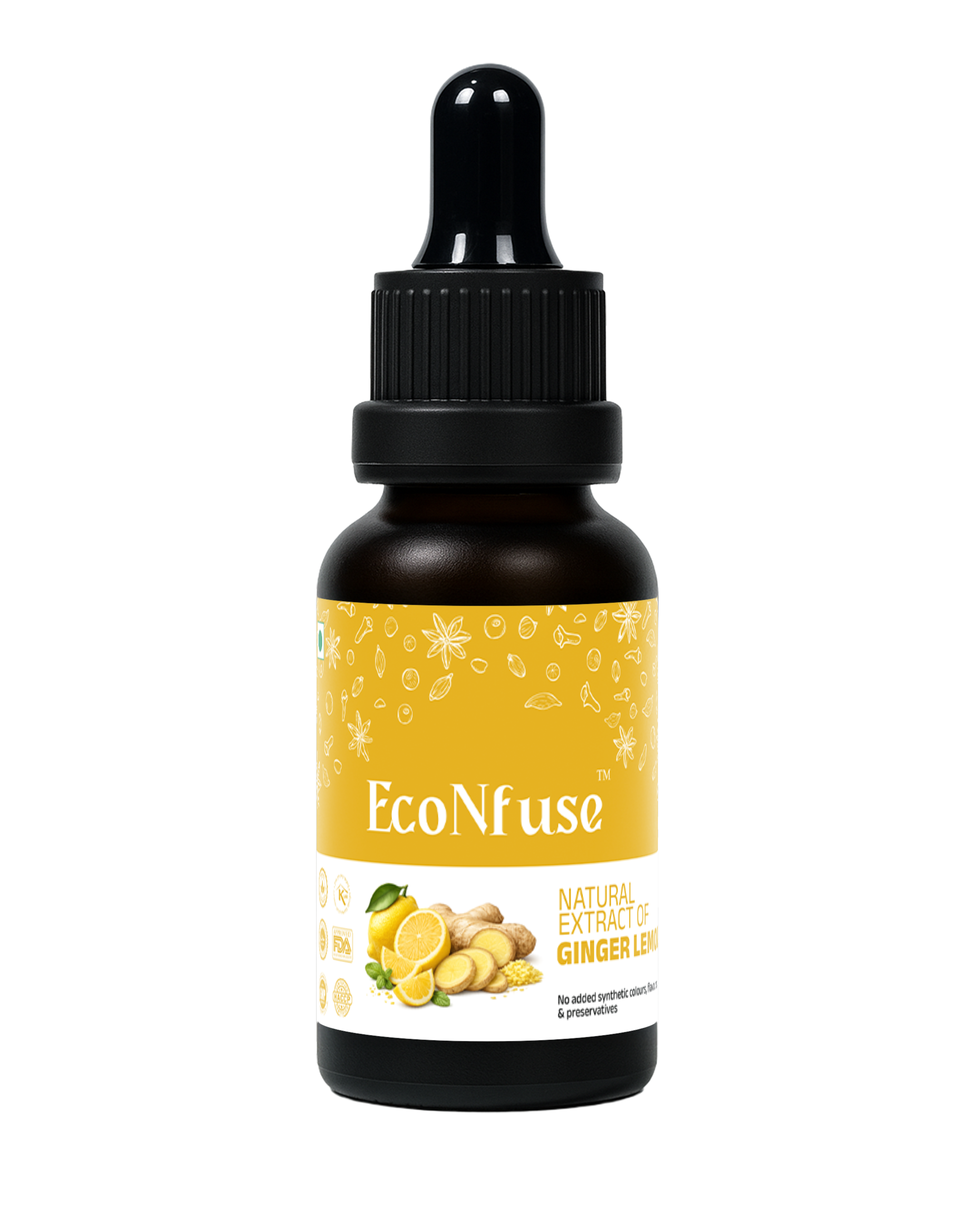 EcoNfuse Ginger Lemon liquid spice extract, 5 ml dropper bottle for ginger lemon tea and coolers, made in Kerala
