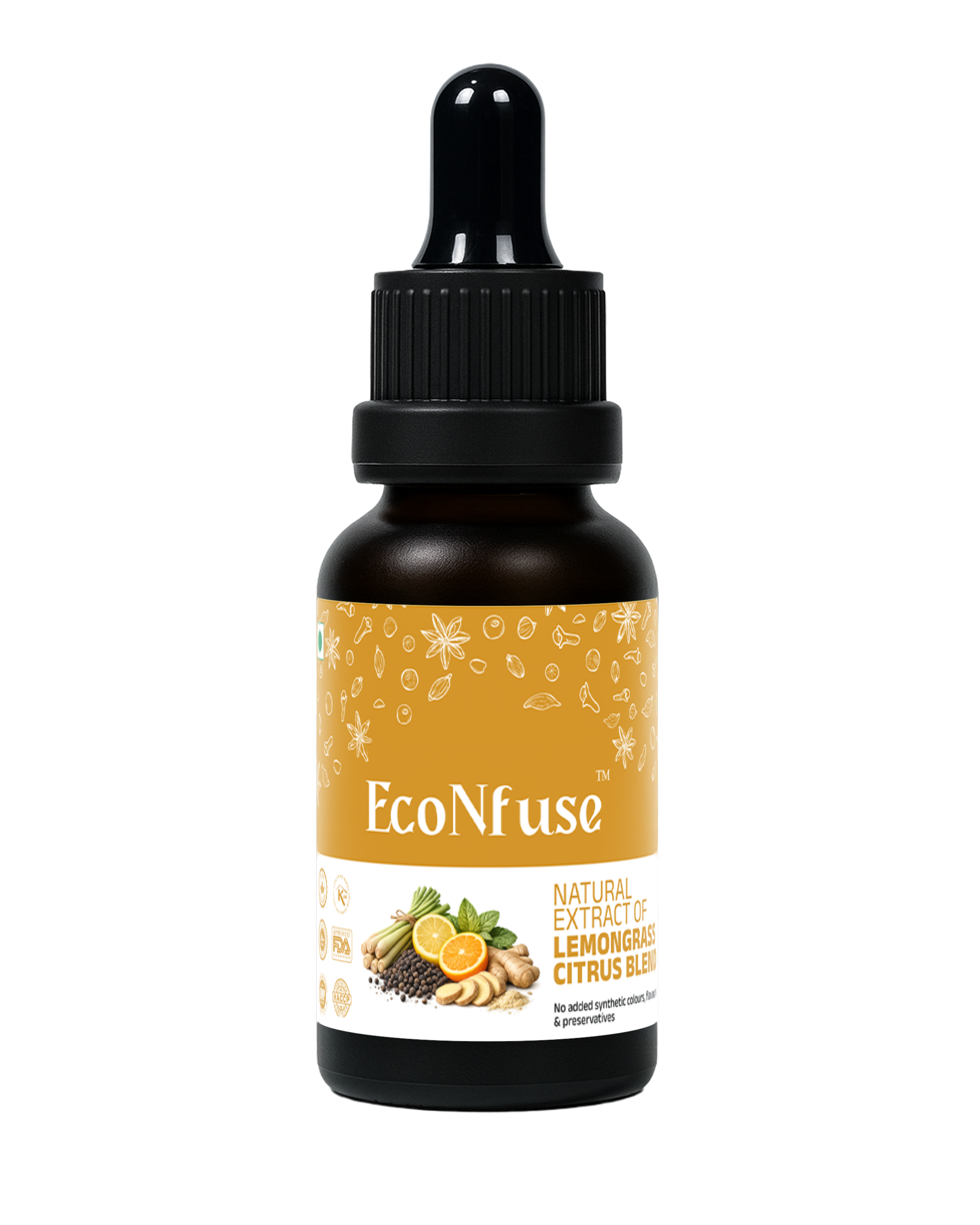 EcoNfuse Lemongrass Citrus Blend liquid spice extract, 5 ml dropper bottle for herbal tea and Thai broths, made in Kerala