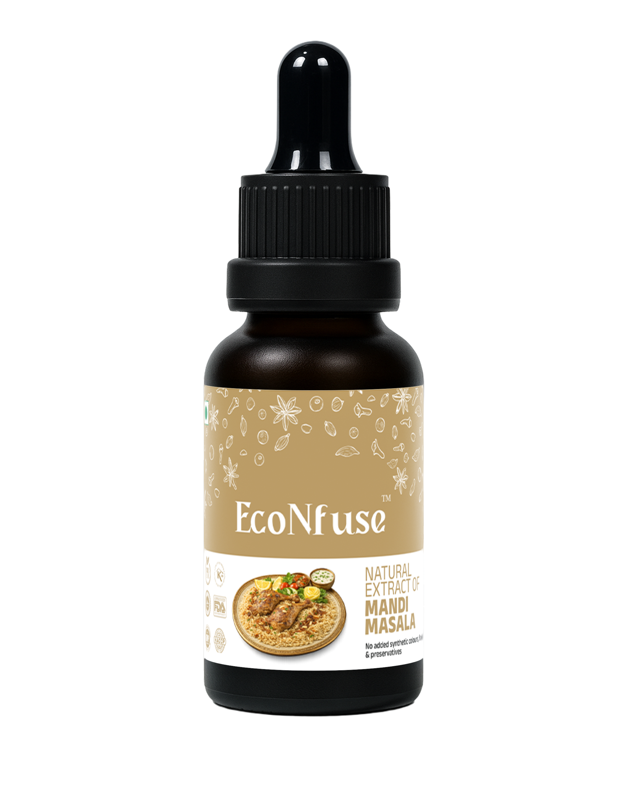 EcoNfuse Mandi Masala liquid spice extract, 15 ml dropper bottle for Arabic mandi rice and grills, made in Kerala
