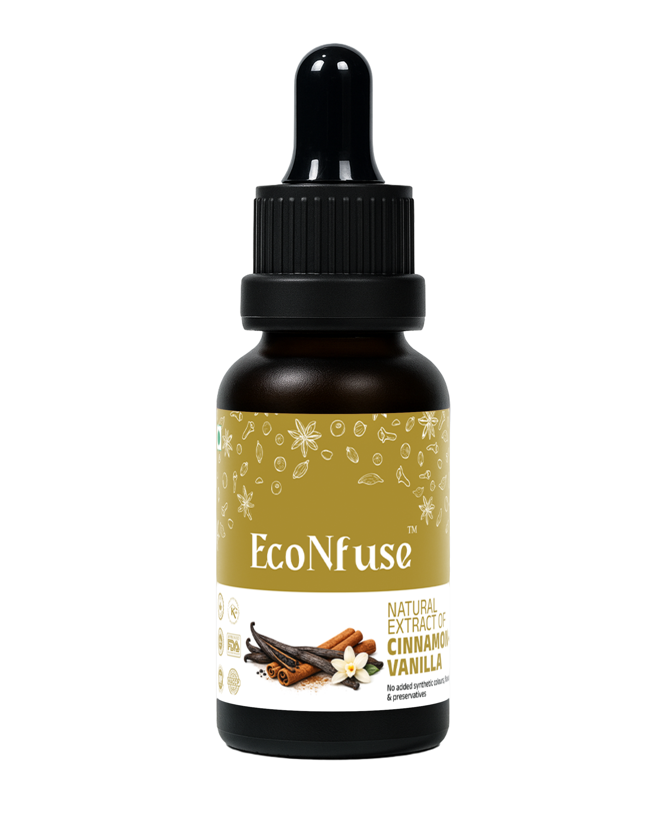 EcoNfuse Cinnamon Vanilla liquid spice extract, 5 ml dropper bottle for baking, coffee and oats, made in Kerala