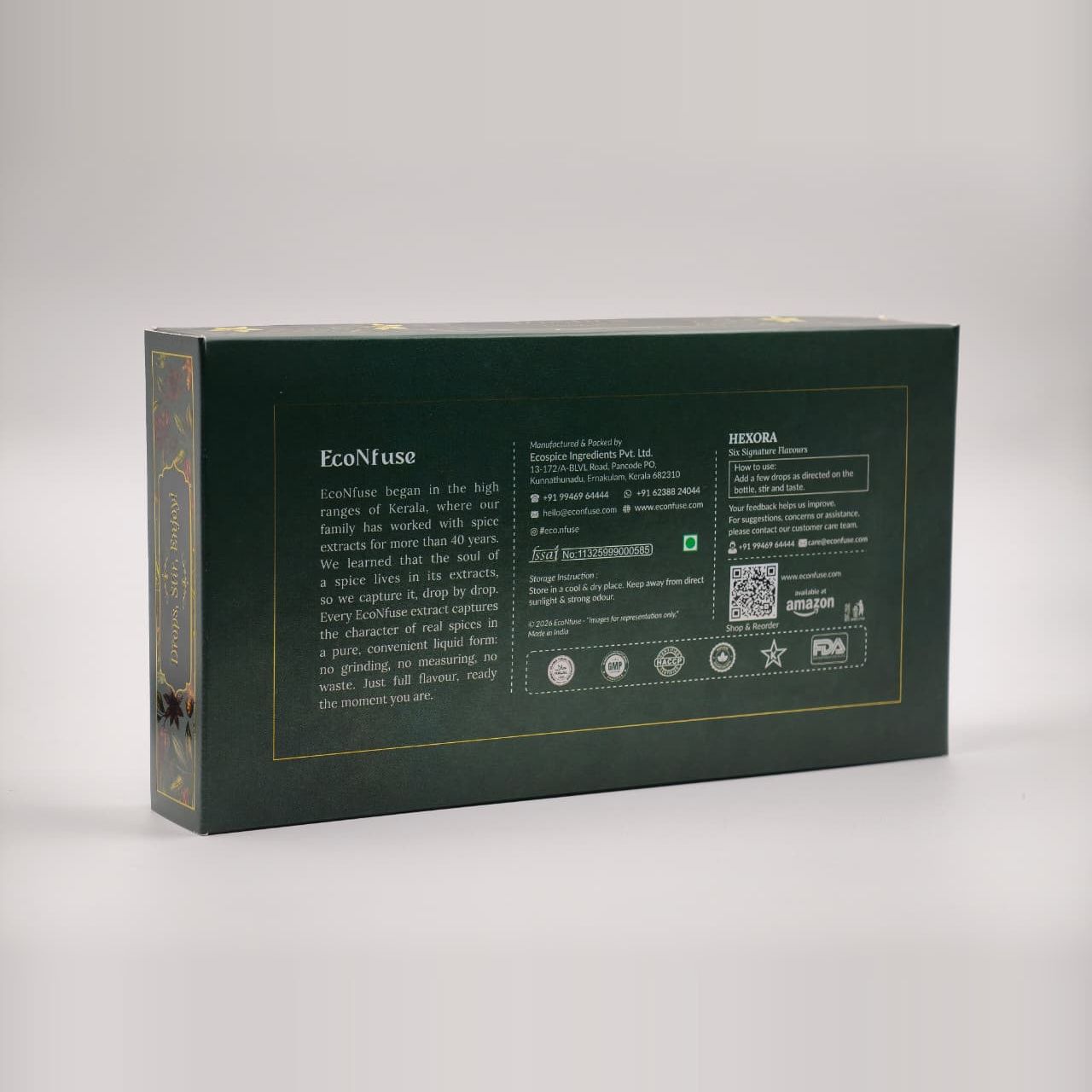 EcoNfuse gift box back panel with ingredients, FSSAI licence 11325999000585 and contact details
